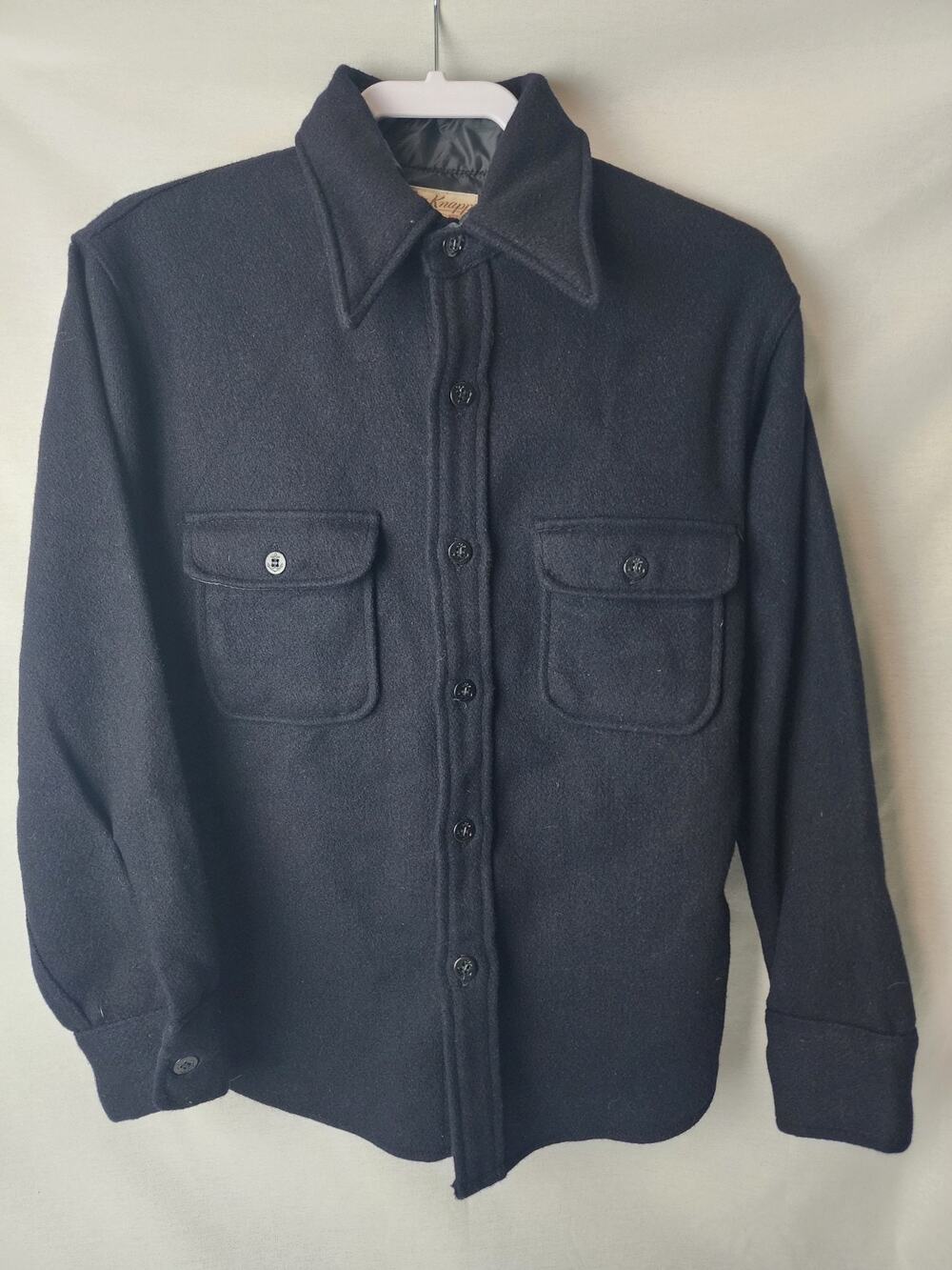 Mens S 1950s Fox Knapp Wool Shirt Jacket Dark Blue USA Made Workwear Vintage